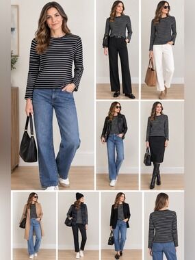 Chaps Black and White Striped Long Sleeve Top